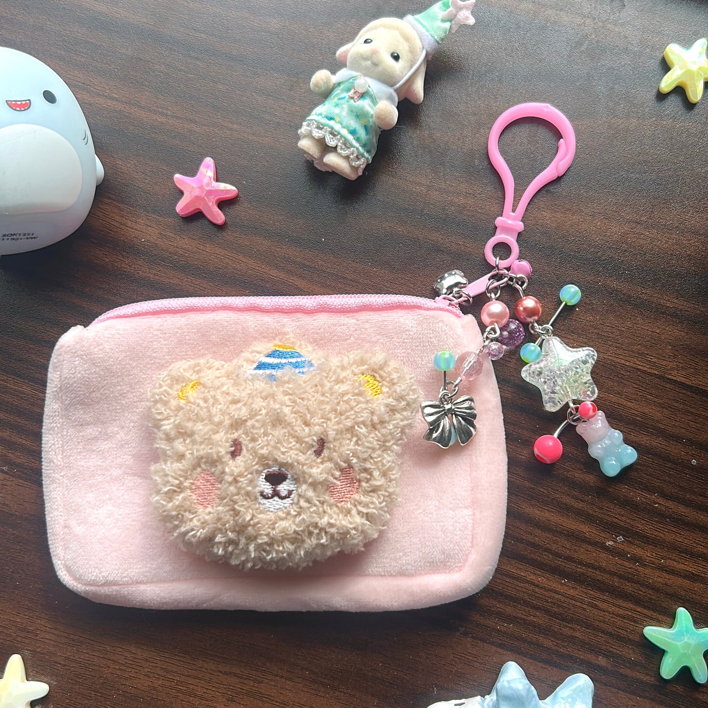 Fluffy bear coin purse keychain