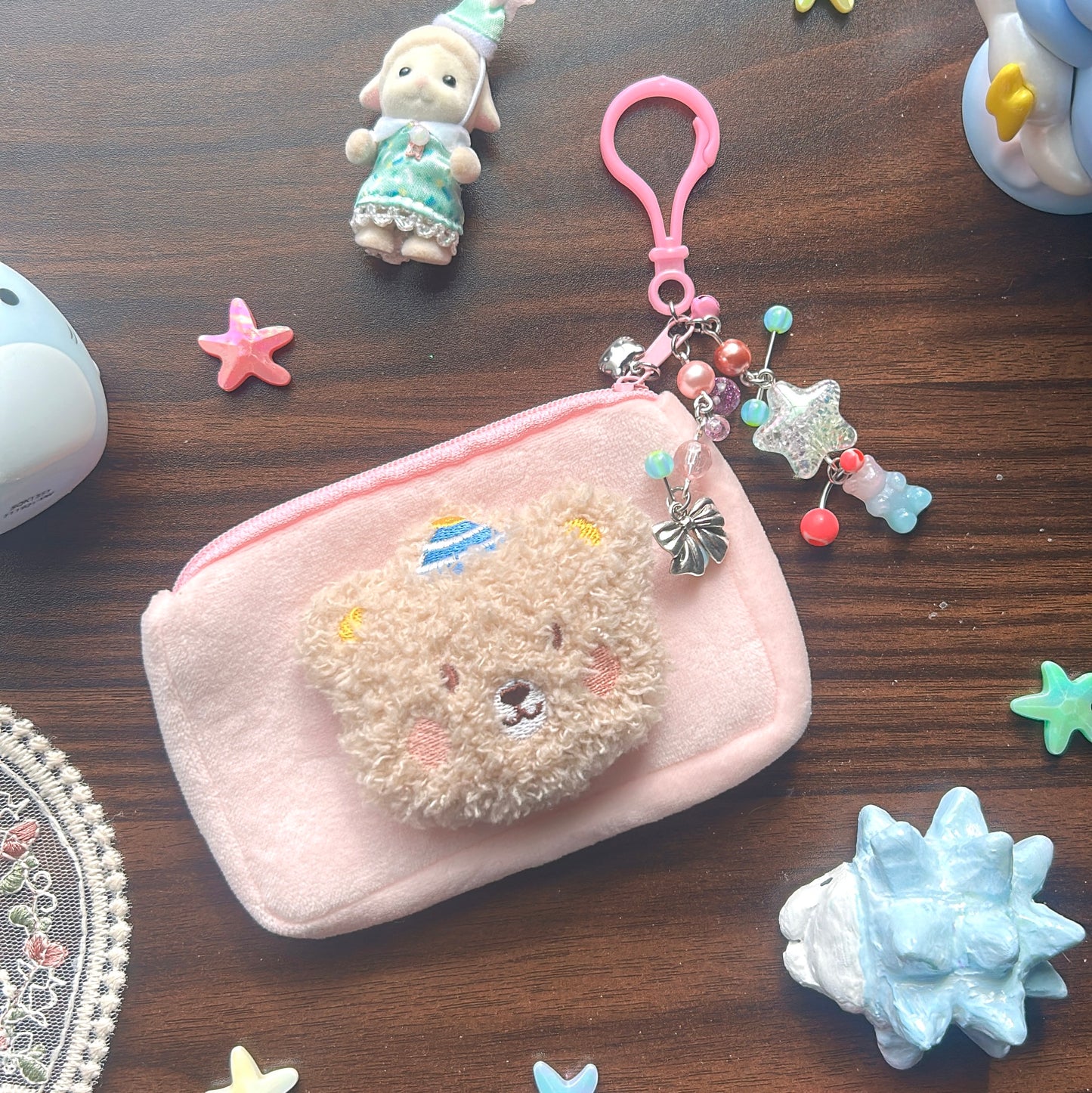 Fluffy bear coin purse keychain